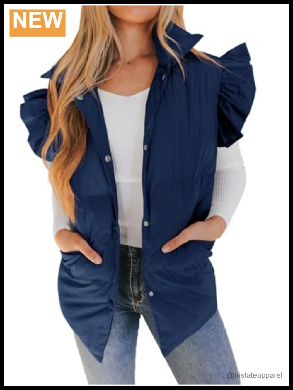 Women's Quilted Puffer Vest Ruffle Sleeve Button Down Gilet